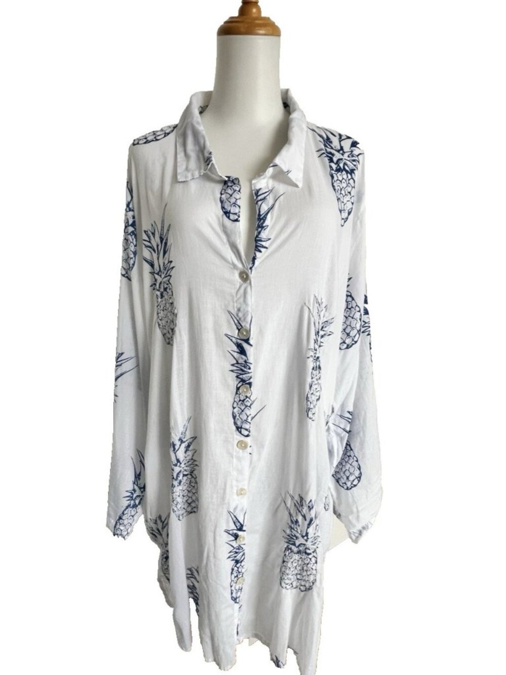 BLUE ISLAND Women's 2X Pineapple Beach Coverup 100% Cotton Swim Resort Pockets